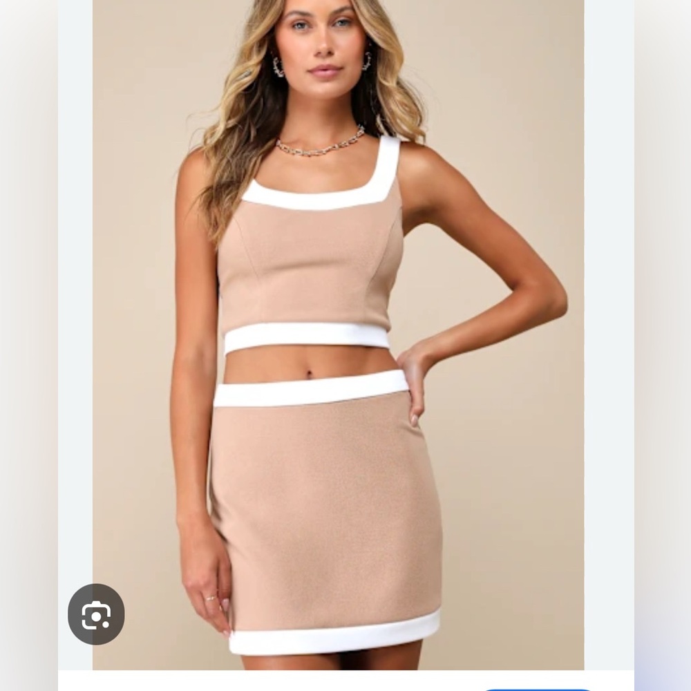 Lulus Totally Sensational Tan Color Block Bodycon Mini Skirt and top set medium
